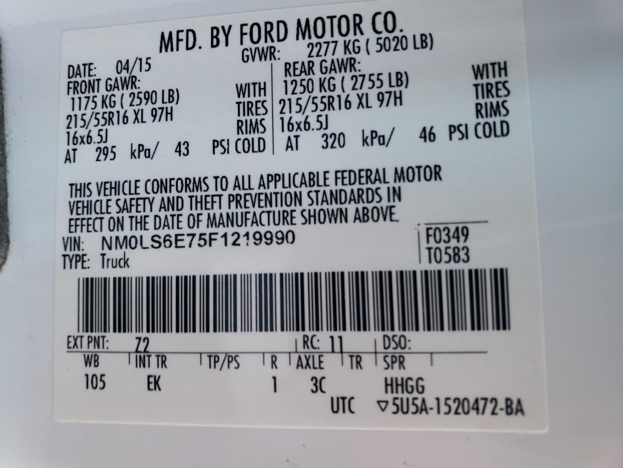 VIN NM0LS6E75F1219990 2015 FORD TRANSIT no.13