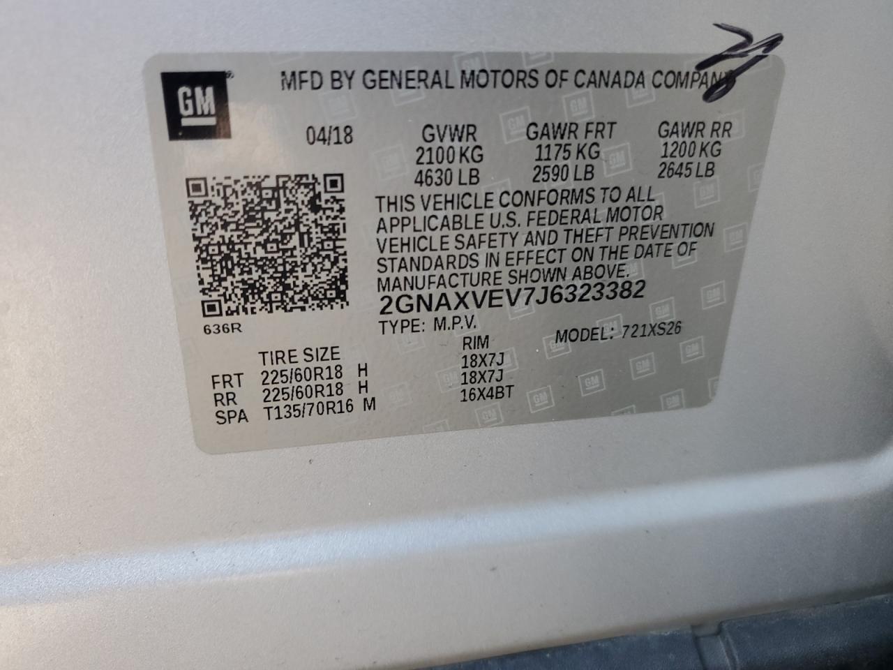 2018 Chevrolet Equinox Premier VIN: 2GNAXVEV7J6323382 Lot: 88986005