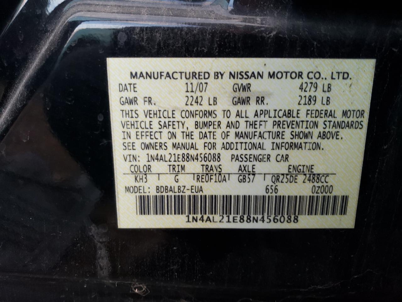 2008 Nissan Altima 2.5 VIN: 1N4AL21E88N456088 Lot: 63395184