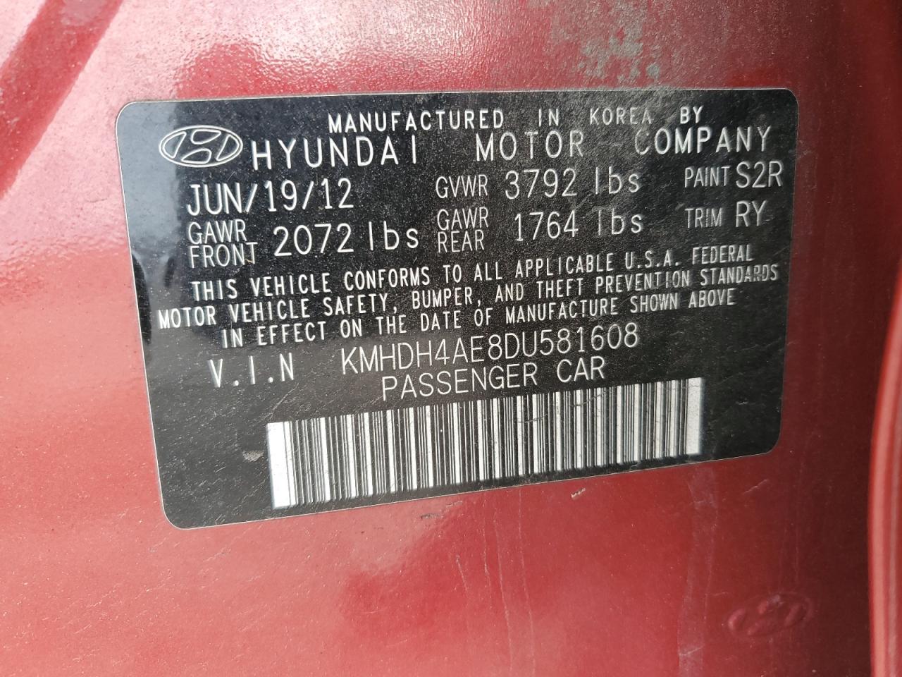 2013 Hyundai Elantra Gls VIN: KMHDH4AE8DU581608 Lot: 41930134