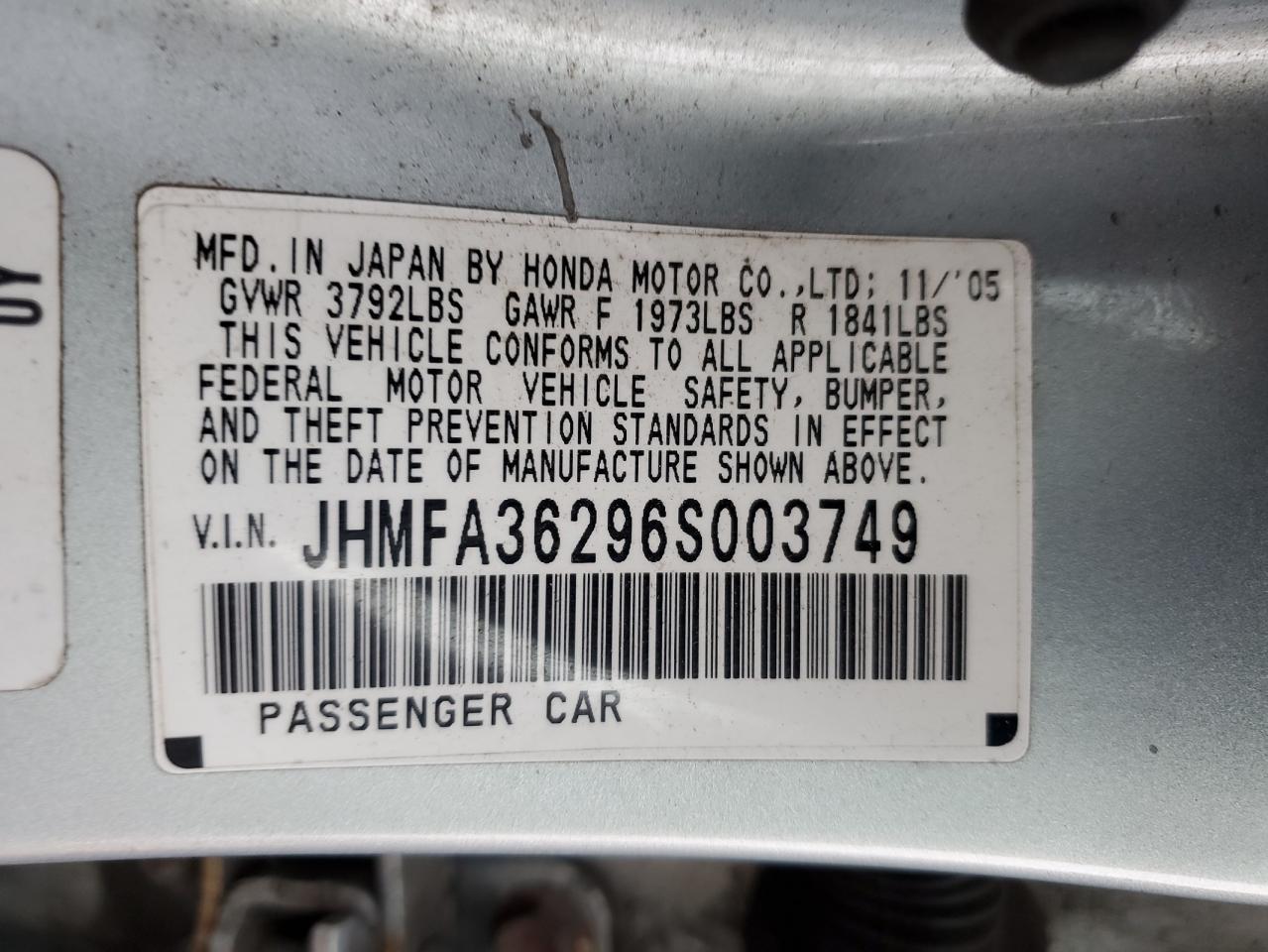 2006 Honda Civic Hybrid VIN: JHMFA36296S003749 Lot: 53374974