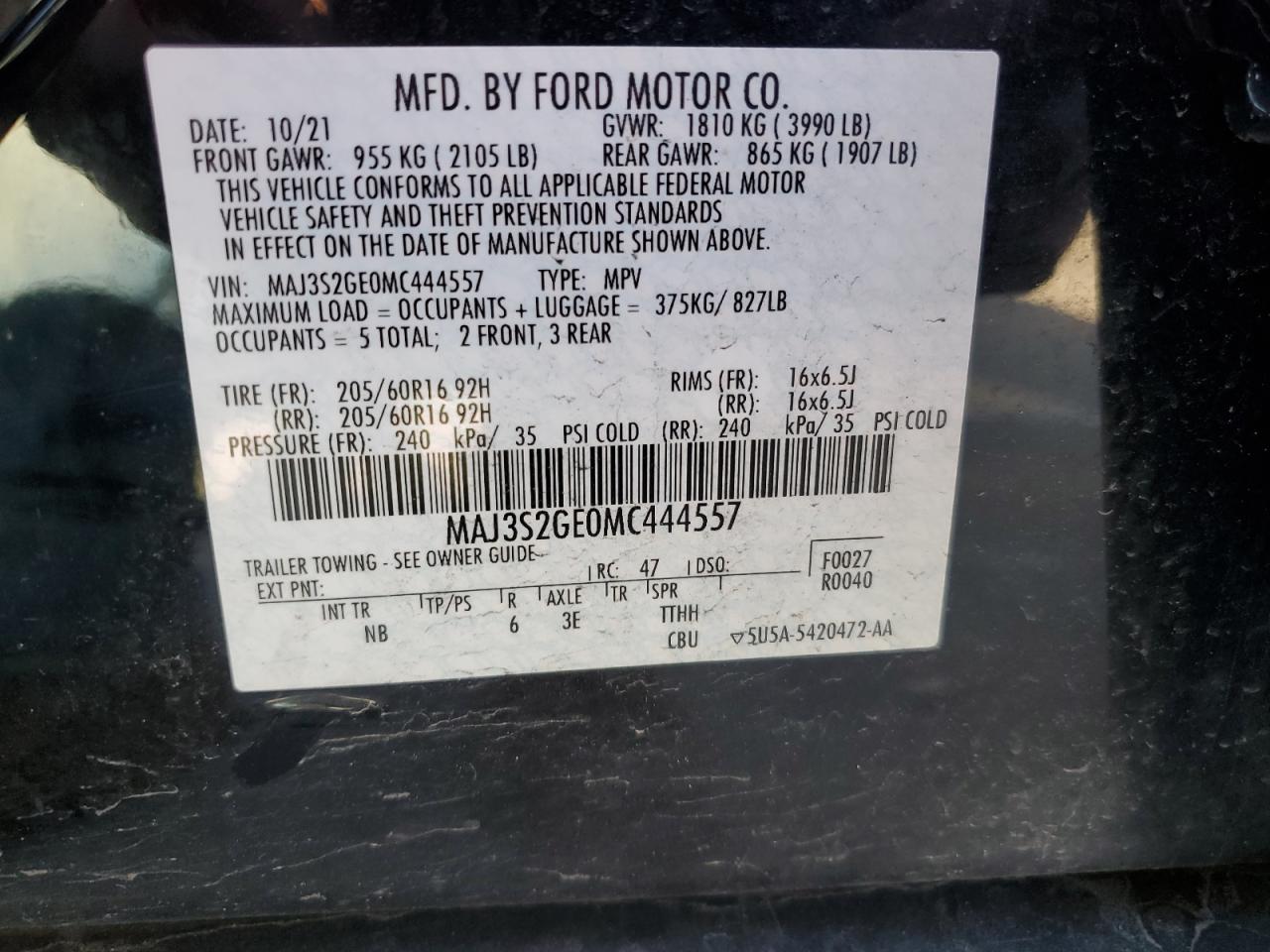 2021 Ford Ecosport Se VIN: MAJ3S2GE0MC444557 Lot: 43928624