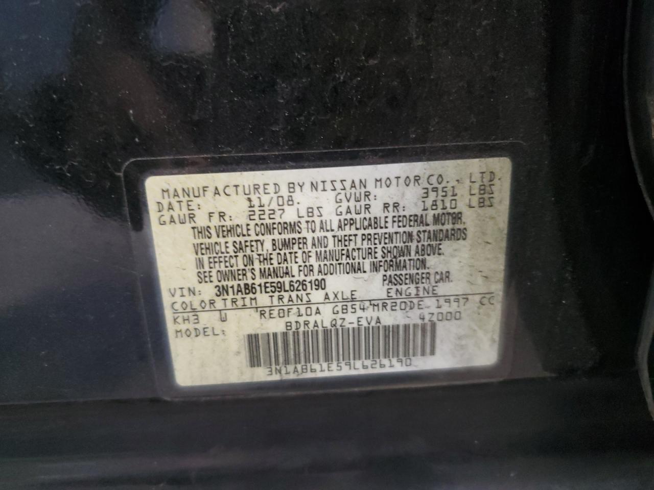 2009 Nissan Sentra 2.0 VIN: 3N1AB61E59L626190 Lot: 43645704