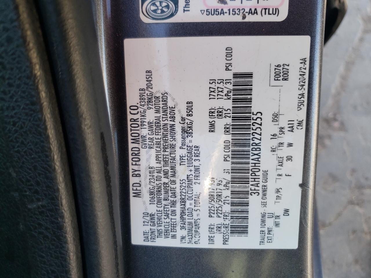 2011 Ford Fusion Se VIN: 3FAHP0HAXBR225255 Lot: 43542224