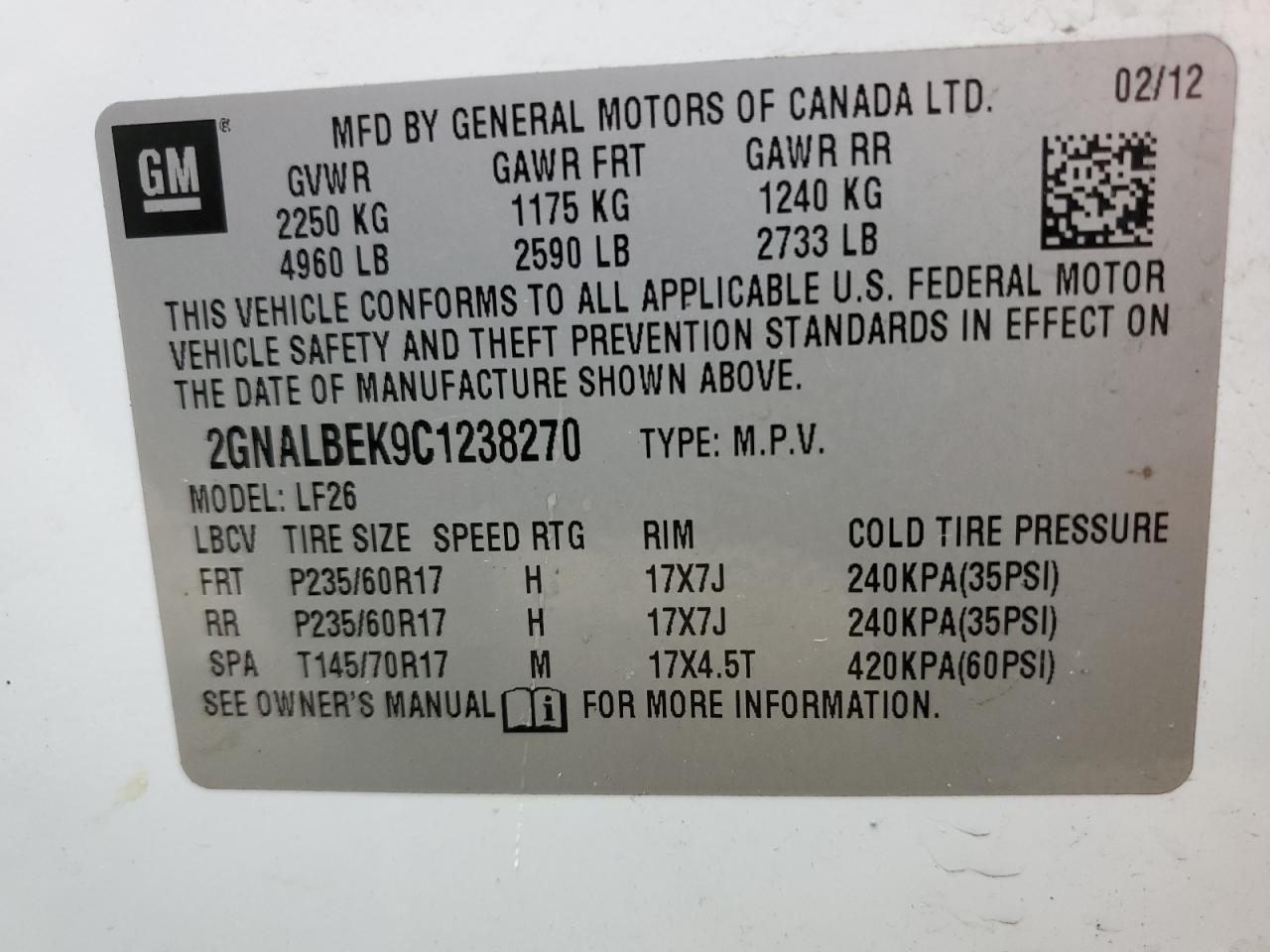 2012 Chevrolet Equinox Ls VIN: 2GNALBEK9C1238270 Lot: 44760204