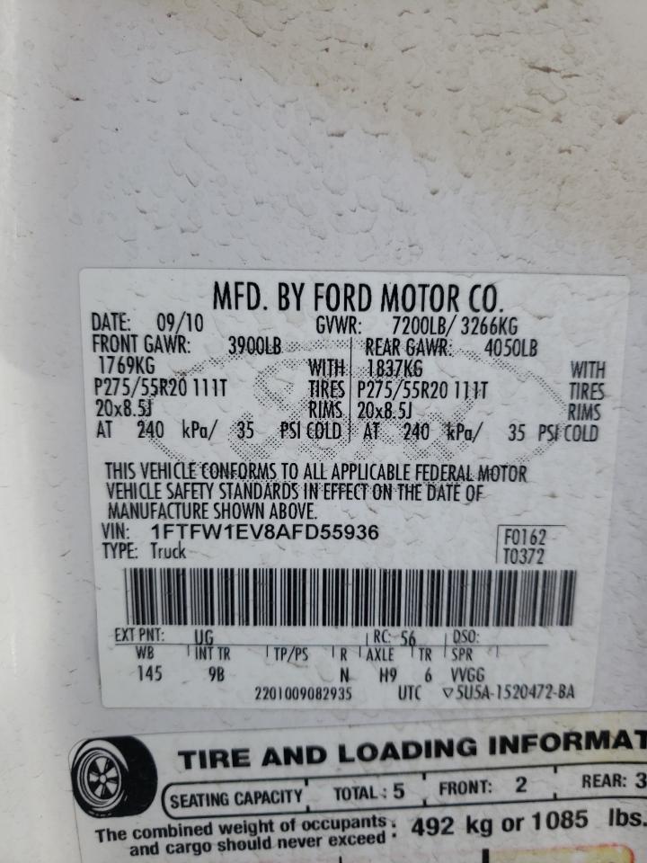 2010 Ford F150 Supercrew VIN: 1FTFW1EV8AFD55936 Lot: 42786764
