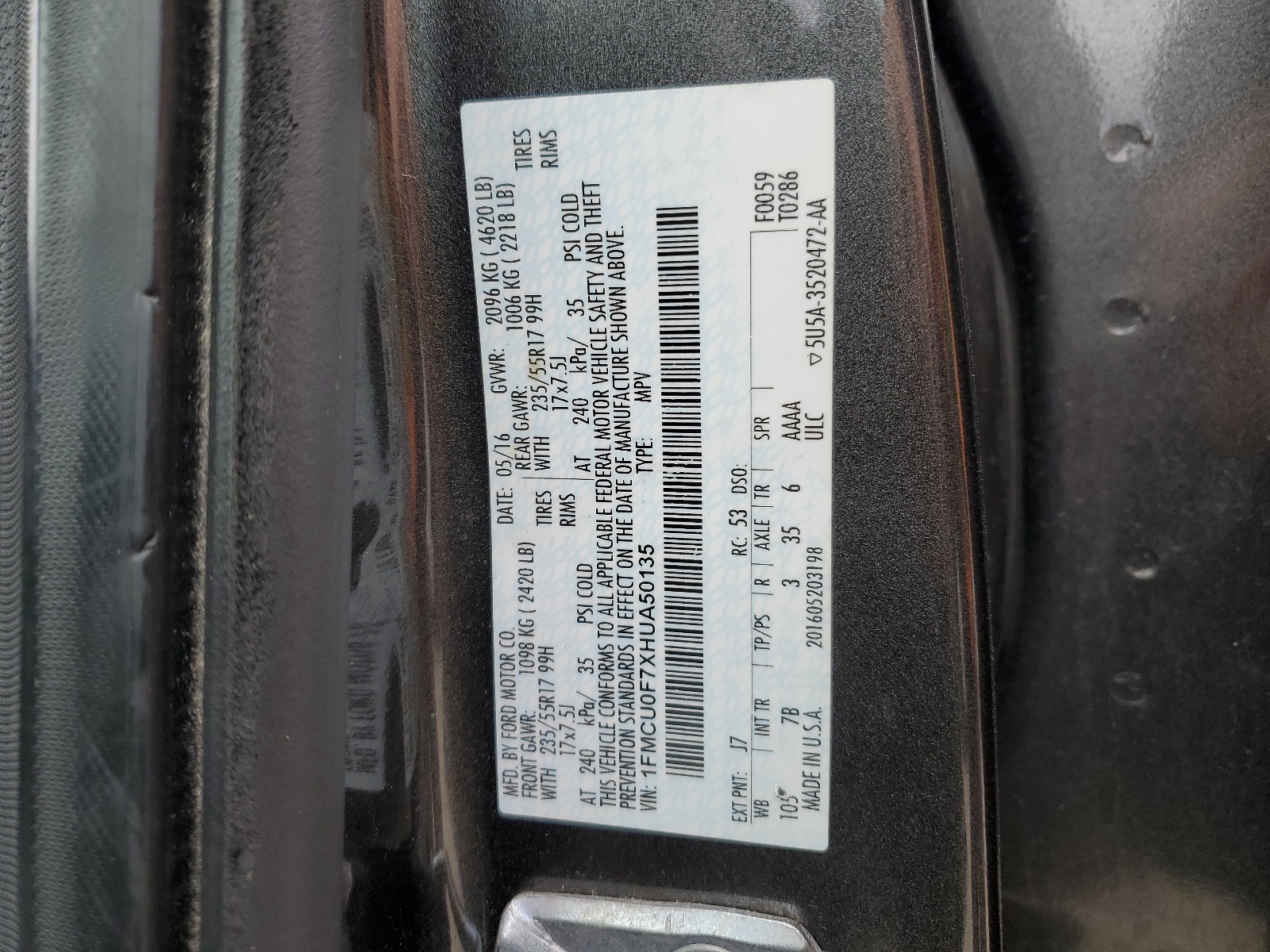 1FMCU0F7XHUA50135 2017 Ford Escape S