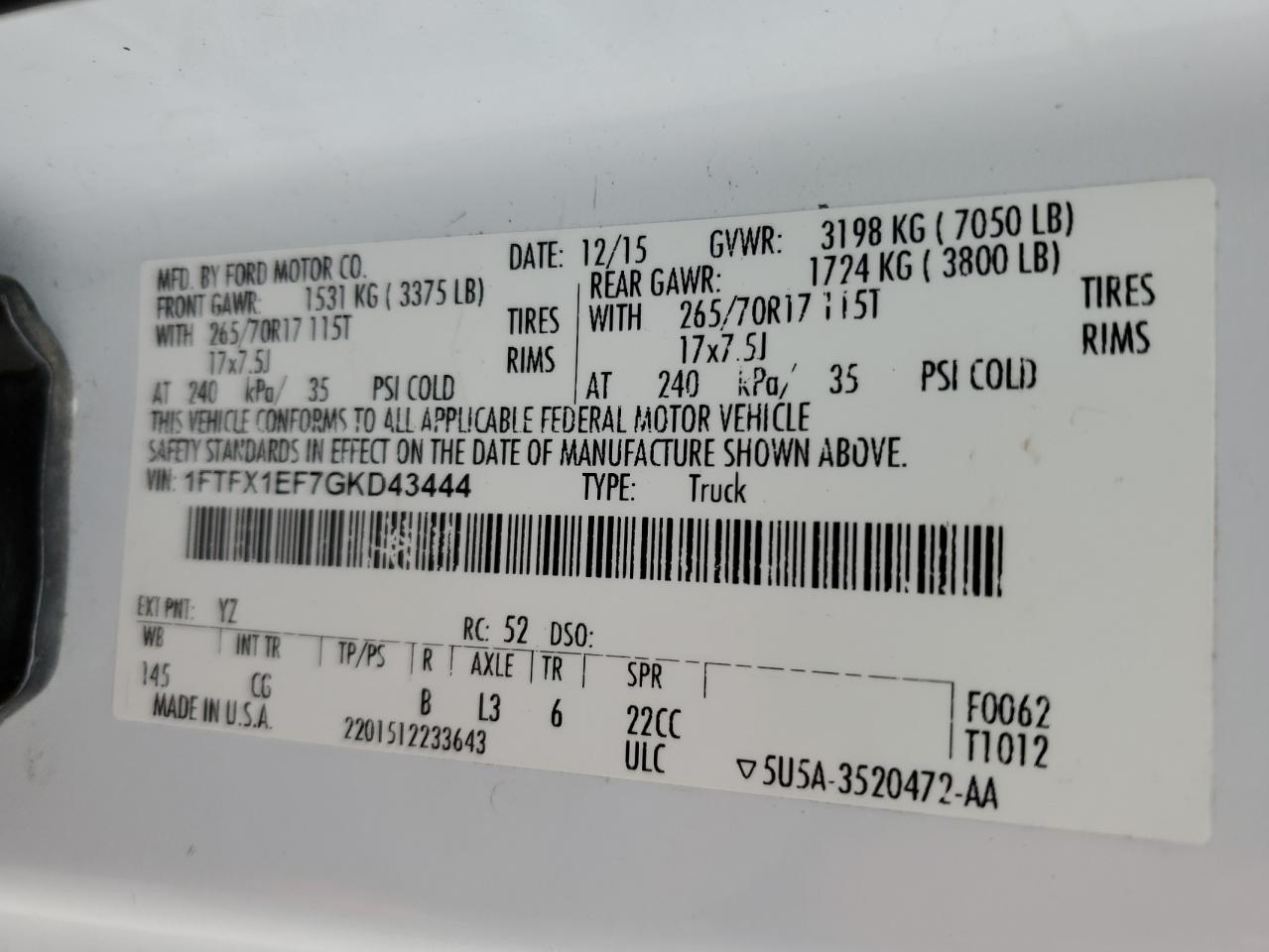 2016 Ford F150 Super Cab VIN: 1FTFX1EF7GKD43444 Lot: 44815884