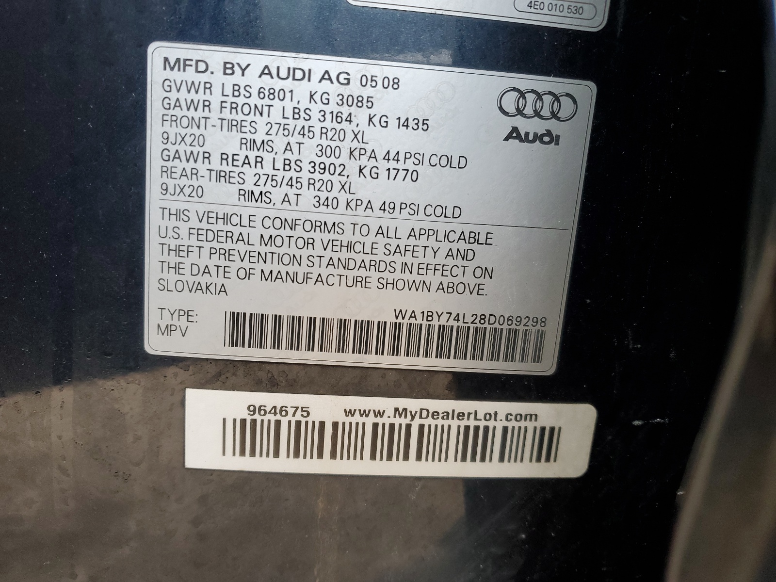 WA1BY74L28D069298 2008 Audi Q7 3.6 Quattro Premium