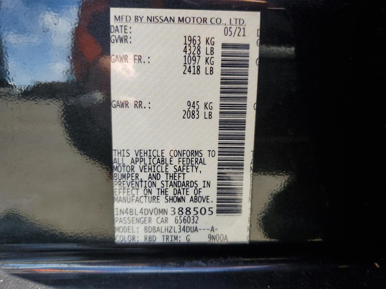 2021 Nissan Altima Sv VIN: 1N4BL4DV0MN388505 Lot: 44617404