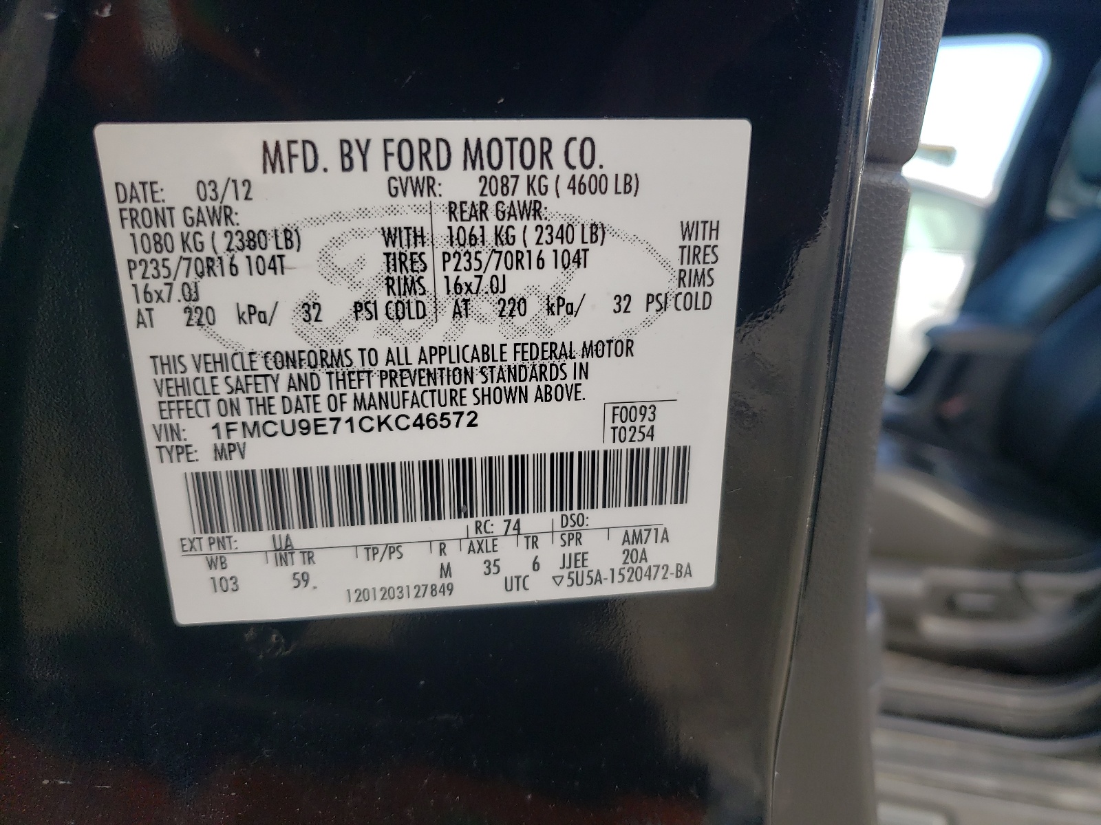 1FMCU9E71CKC46572 2012 Ford Escape Limited