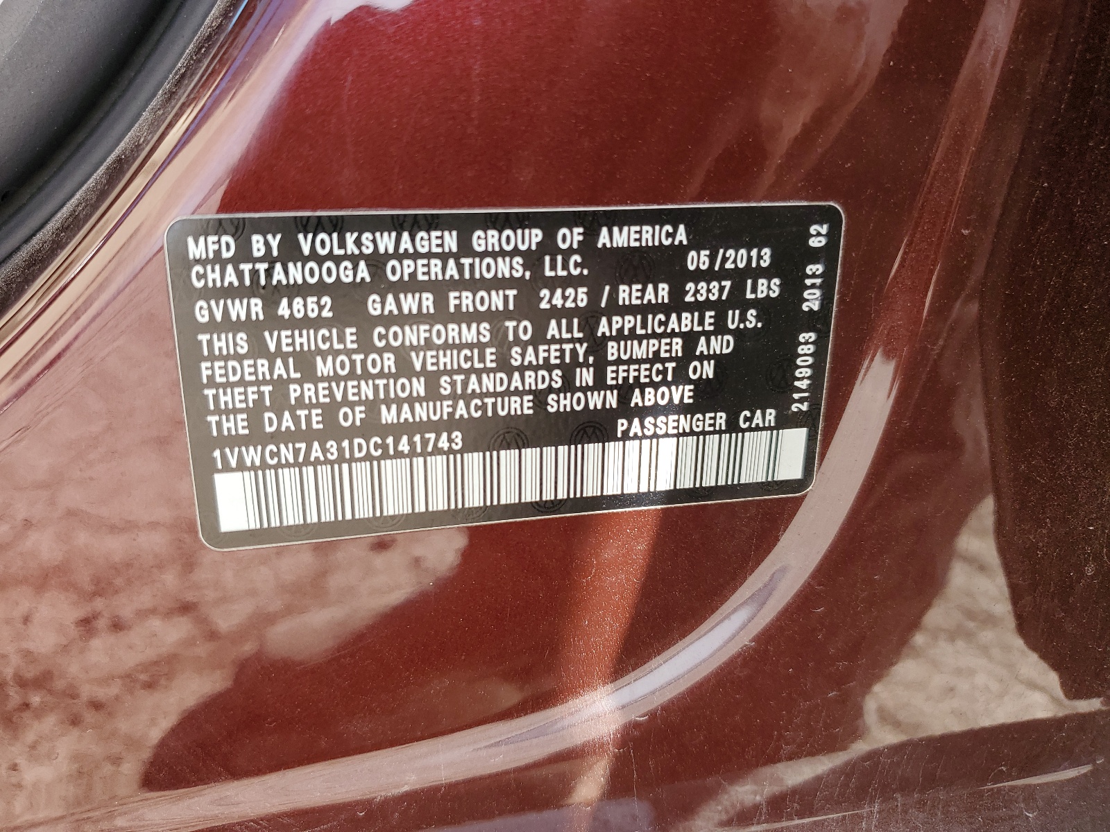 1VWCN7A31DC141743 2013 Volkswagen Passat Sel