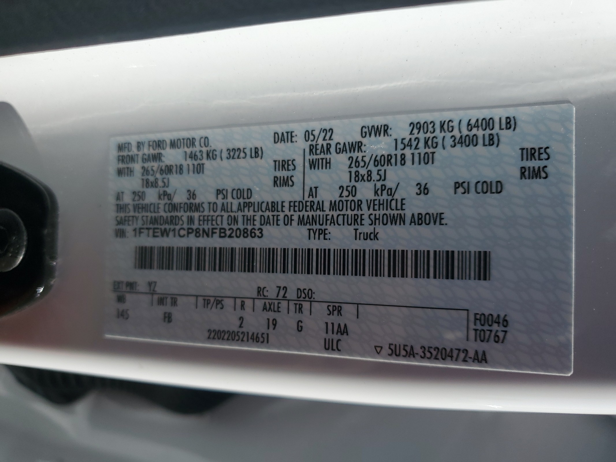 1FTEW1CP8NFB20863 2022 Ford F150 Supercrew