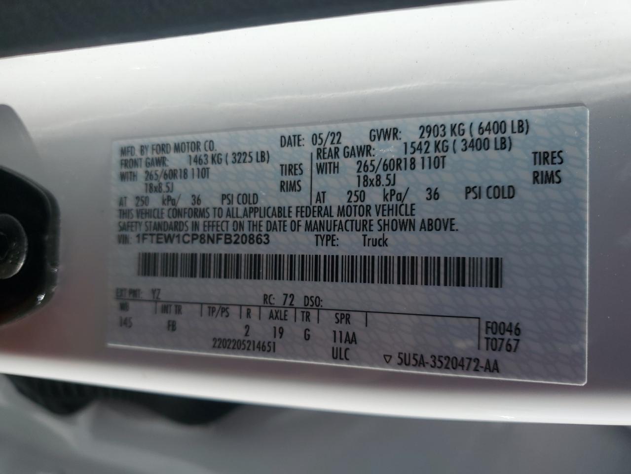 2022 Ford F150 Supercrew VIN: 1FTEW1CP8NFB20863 Lot: 44192024