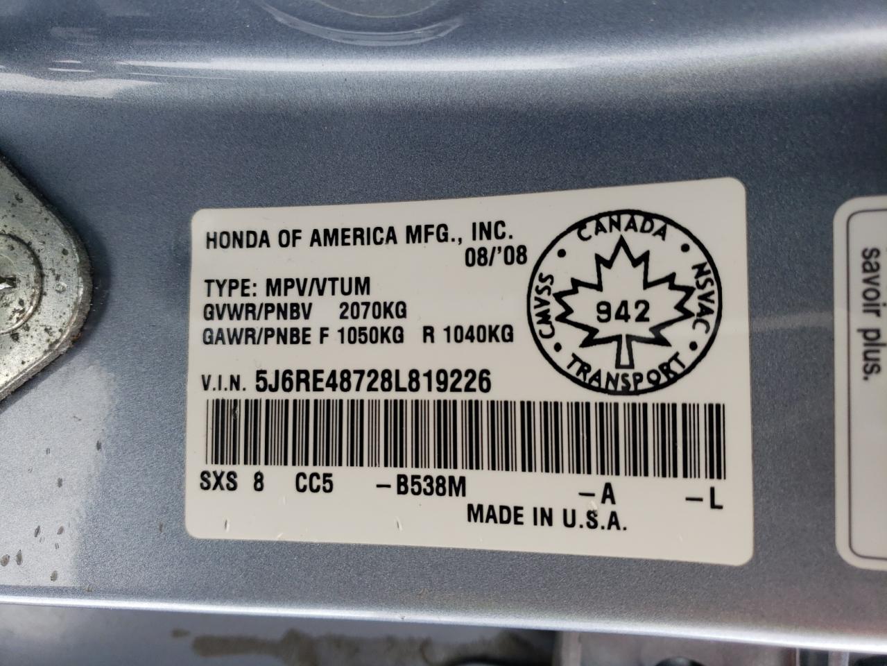 2008 Honda Cr-V Exl VIN: 5J6RE48728L819226 Lot: 43444144