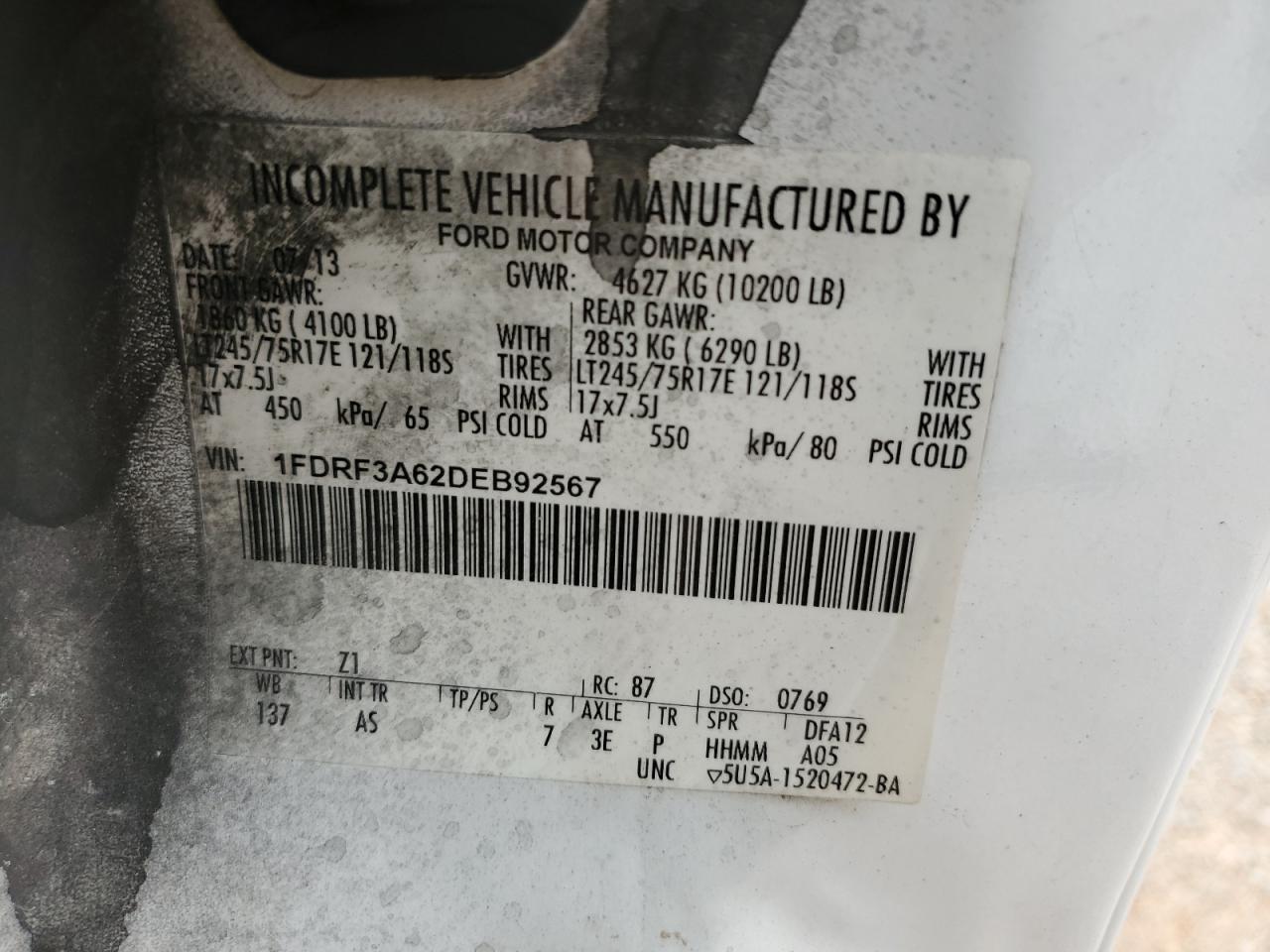 2013 Ford F350 Super Duty VIN: 1FDRF3A62DEB92567 Lot: 43002994