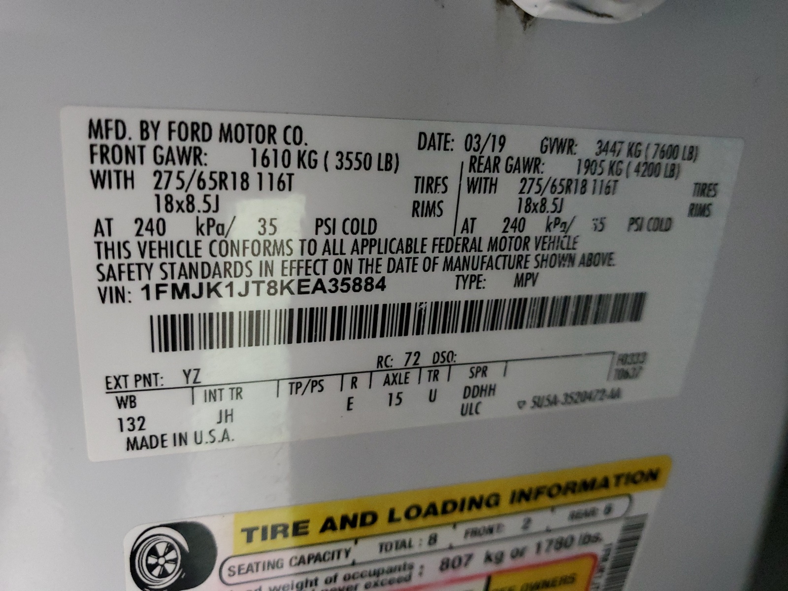 1FMJK1JT8KEA35884 2019 Ford Expedition Max Xlt