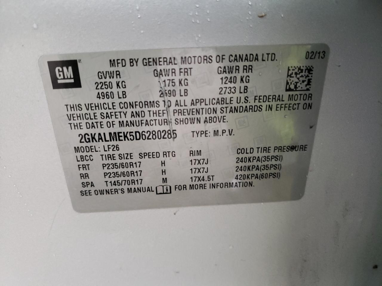 2013 GMC Terrain Sle VIN: 2GKALMEK5D6280285 Lot: 39292784