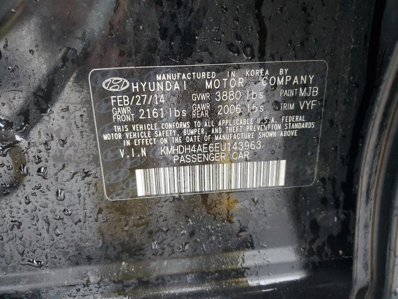 2014 Hyundai Elantra Se VIN: KMHDH4AE6EU143963 Lot: 51996254