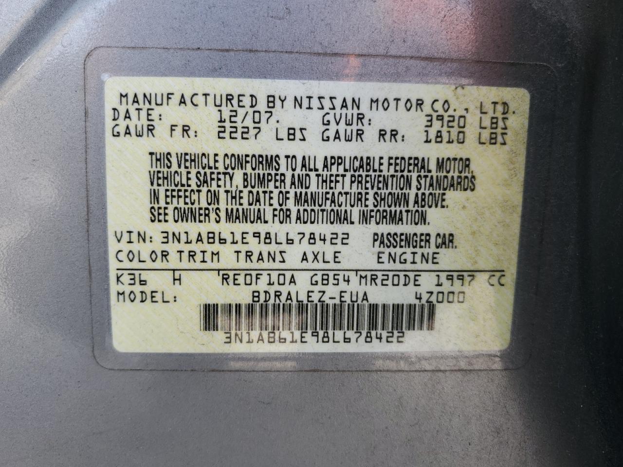 2008 Nissan Sentra 2.0 VIN: 3N1AB61E98L678422 Lot: 44593174