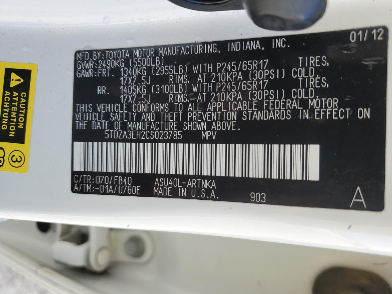 5TDZA3EH2CS023785 2012 Toyota Highlander Base