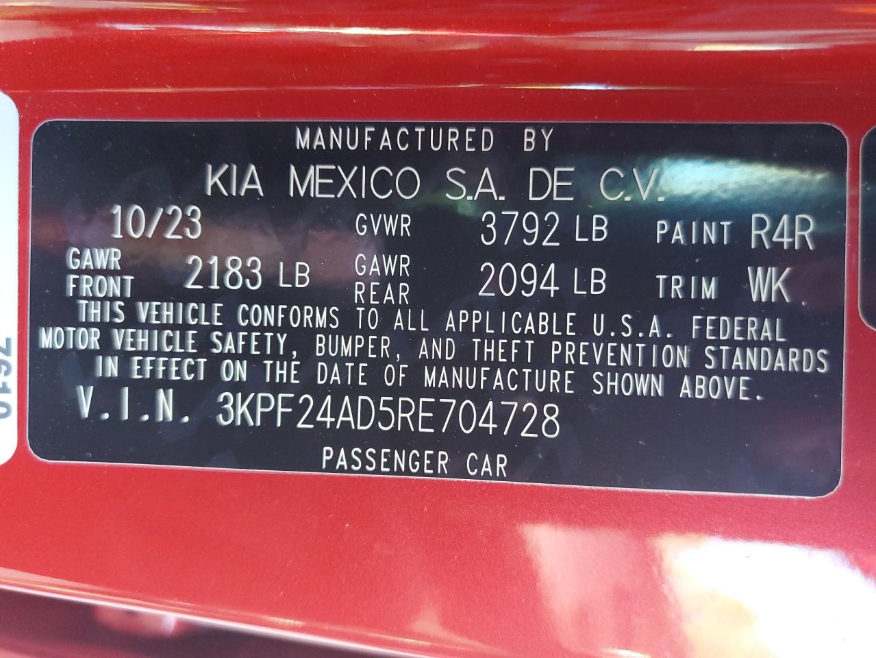 2024 Kia Forte Lx VIN: 3KPF24AD5RE704728 Lot: 41793894