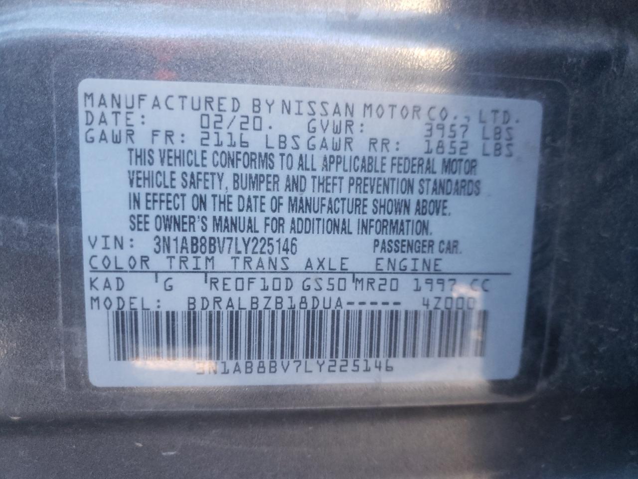 2020 Nissan Sentra S VIN: 3N1AB8BV7LY225146 Lot: 41458494