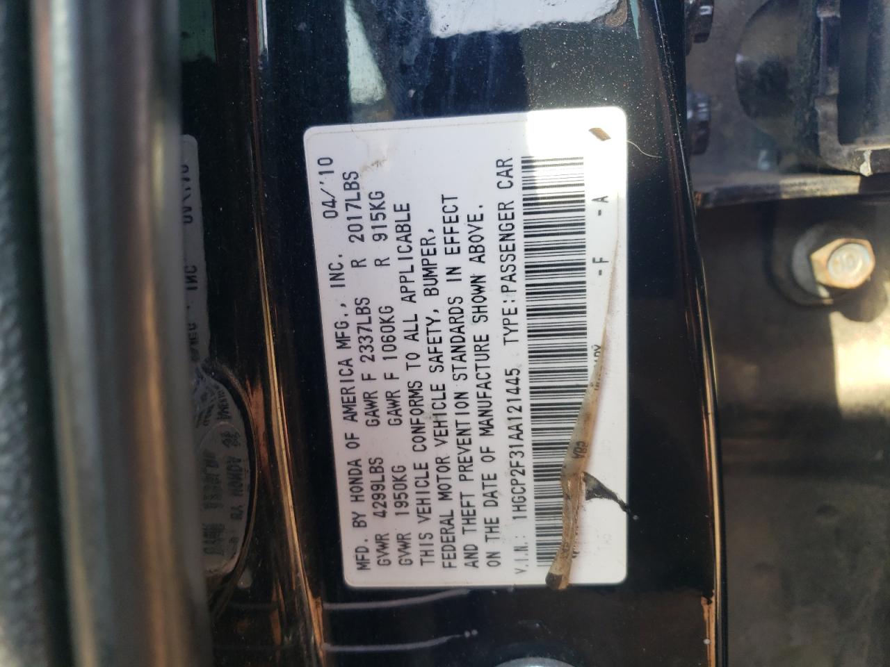 2010 Honda Accord Lx VIN: 1HGCP2F31AA121445 Lot: 43778884