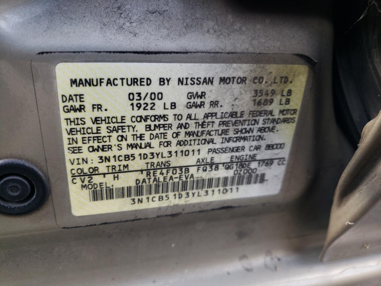 2000 Nissan Sentra Base VIN: 3N1CB51D3YL311011 Lot: 71841274