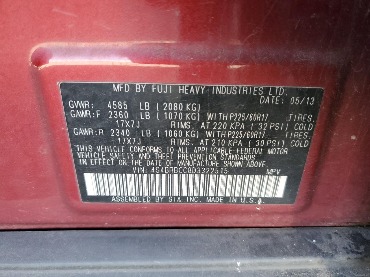 2013 Subaru Outback 2.5I Premium VIN: 4S4BRBCC8D3322515 Lot: 44399714