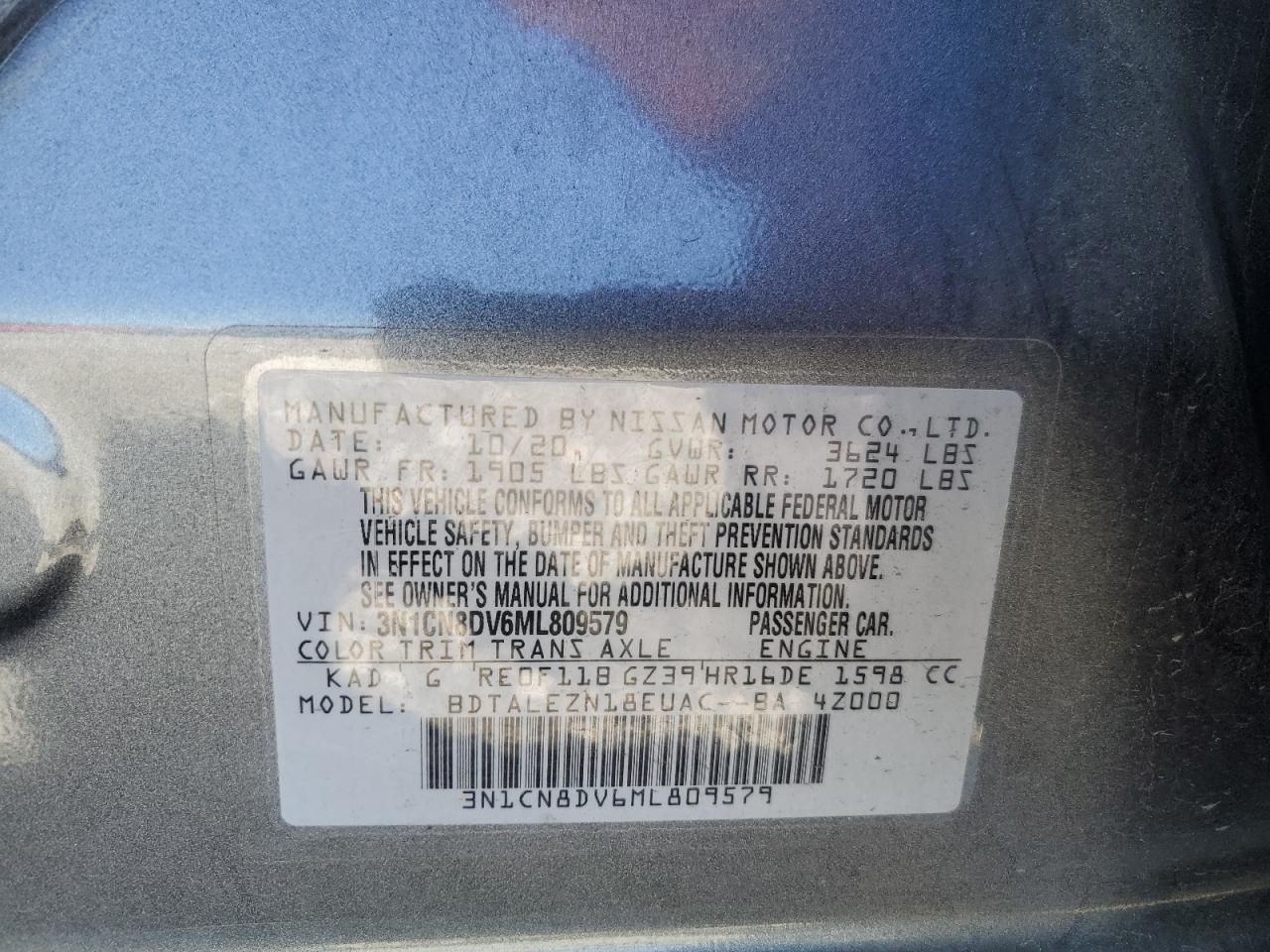 3N1CN8DV6ML809579 2021 Nissan Versa S