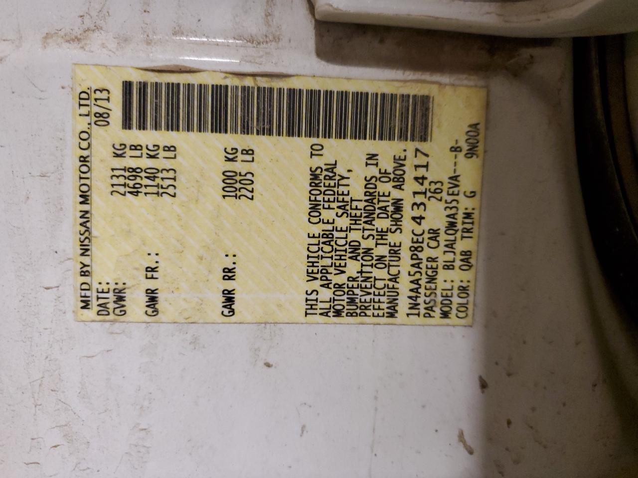 2014 Nissan Maxima S VIN: 1N4AA5AP8EC431417 Lot: 44776474