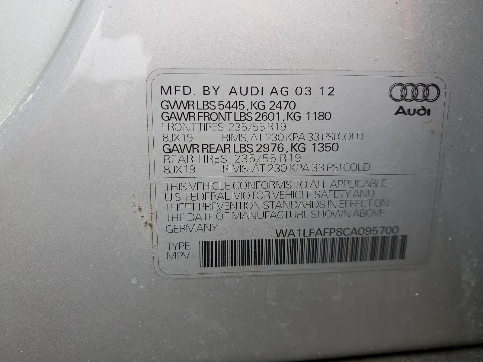 WA1LFAFP8CA095700 2012 Audi Q5 Premium Plus