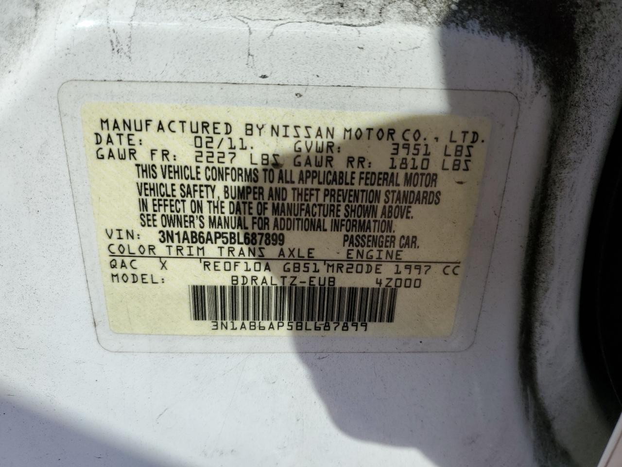 3N1AB6AP5BL687899 2011 Nissan Sentra 2.0