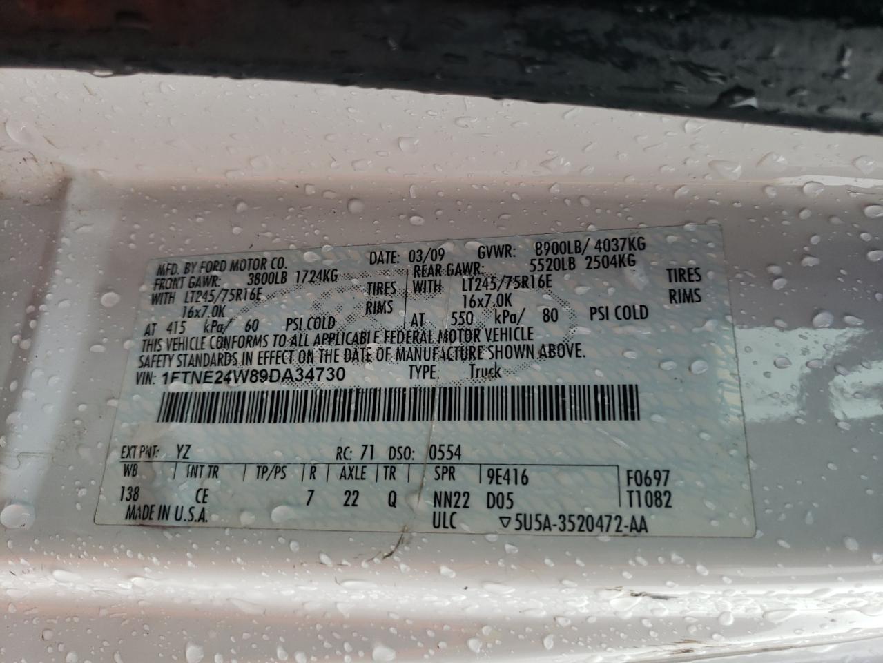 2009 Ford Econoline E250 Van VIN: 1FTNE24W89DA34730 Lot: 44789754