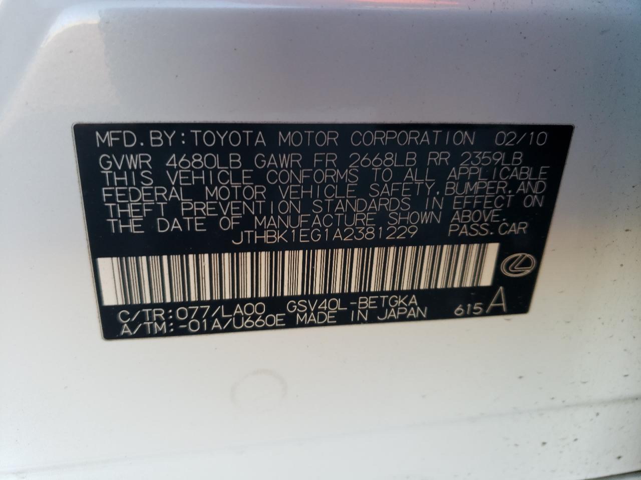 2010 Lexus Es 350 VIN: JTHBK1EG1A2381229 Lot: 41547374