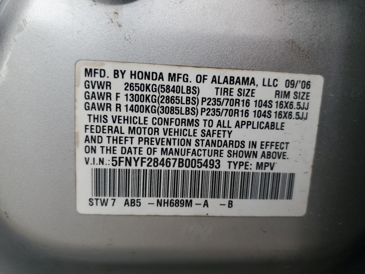 5FNYF28467B005493 2007 Honda Pilot Ex