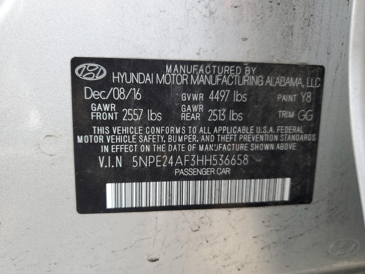 VIN 5NPE24AF3HH536658 2017 HYUNDAI SONATA no.12