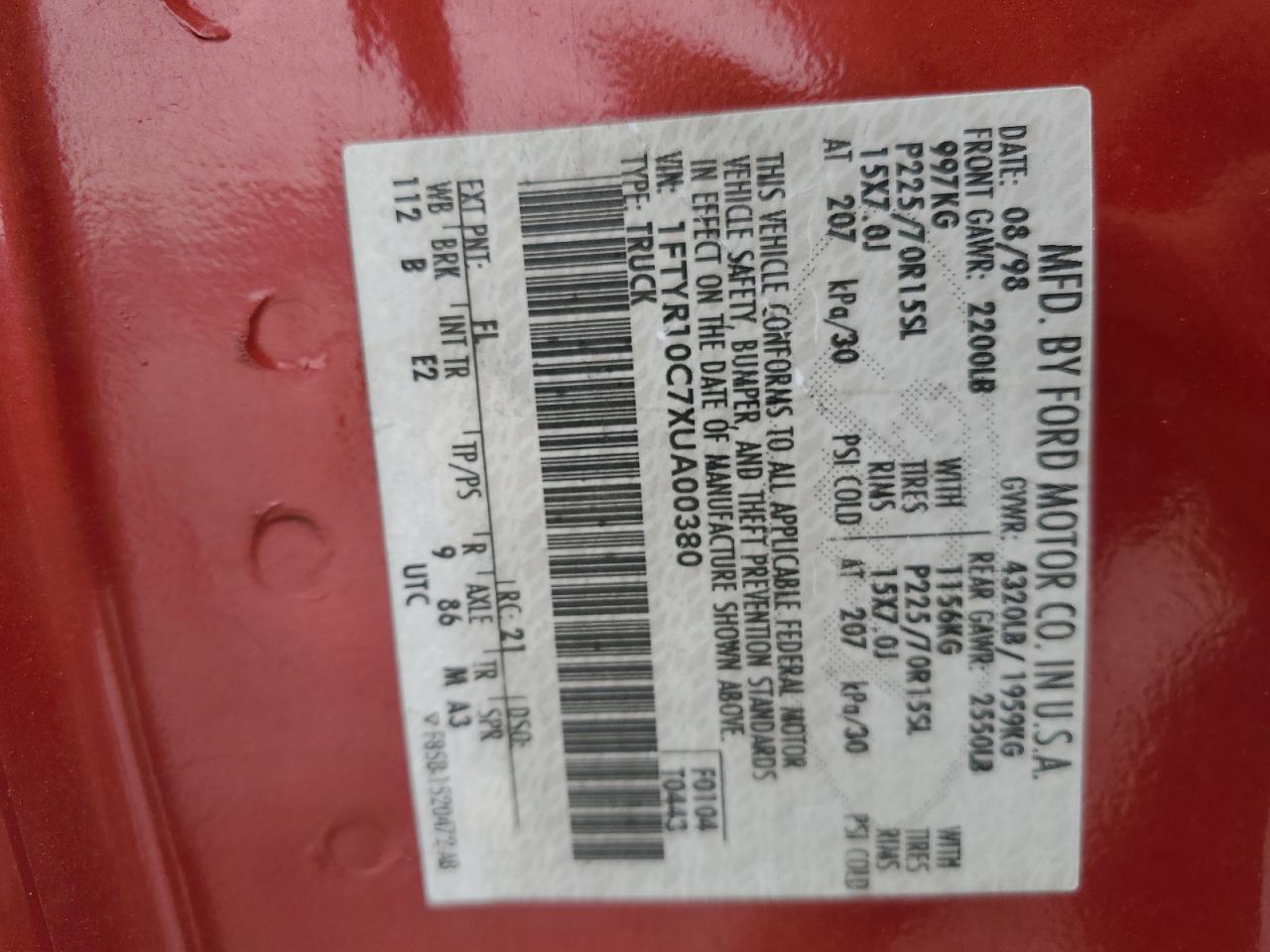 1999 Ford Ranger VIN: 1FTYR10C7XUA00380 Lot: 39414794