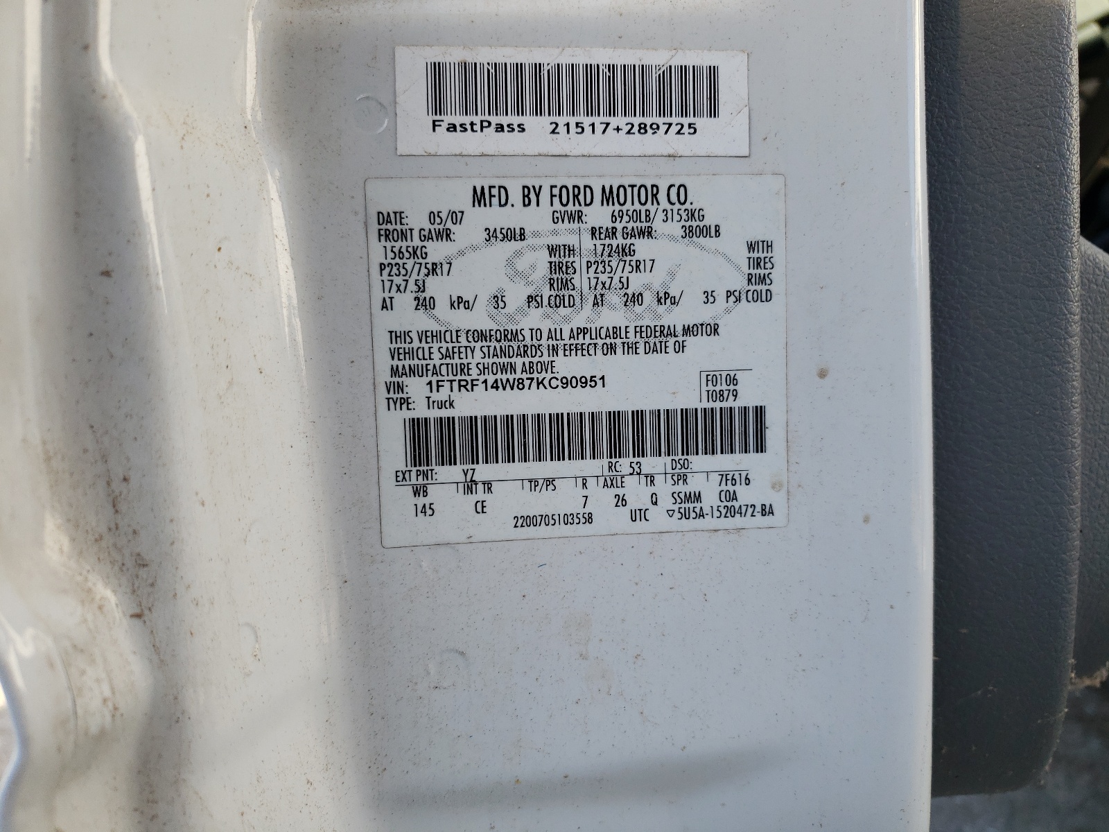 1FTRF14W87KC90951 2007 Ford F150