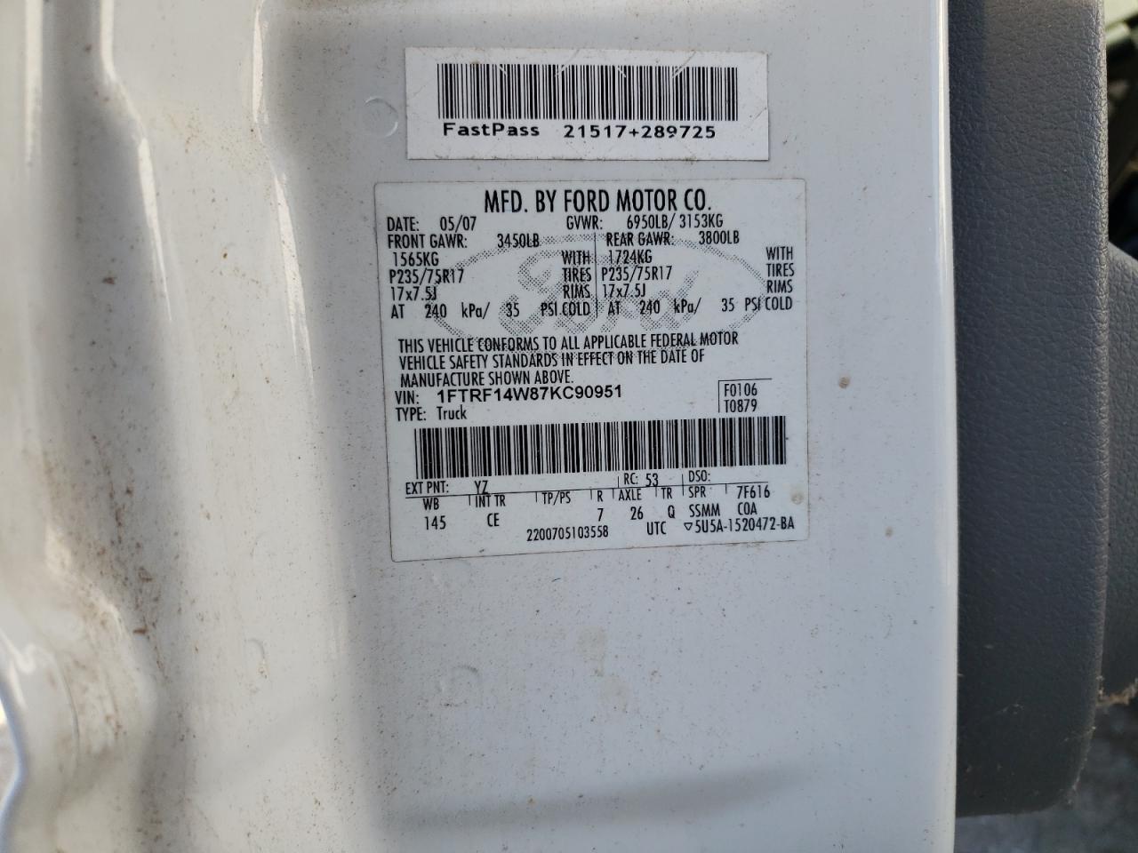 2007 Ford F150 VIN: 1FTRF14W87KC90951 Lot: 43394404