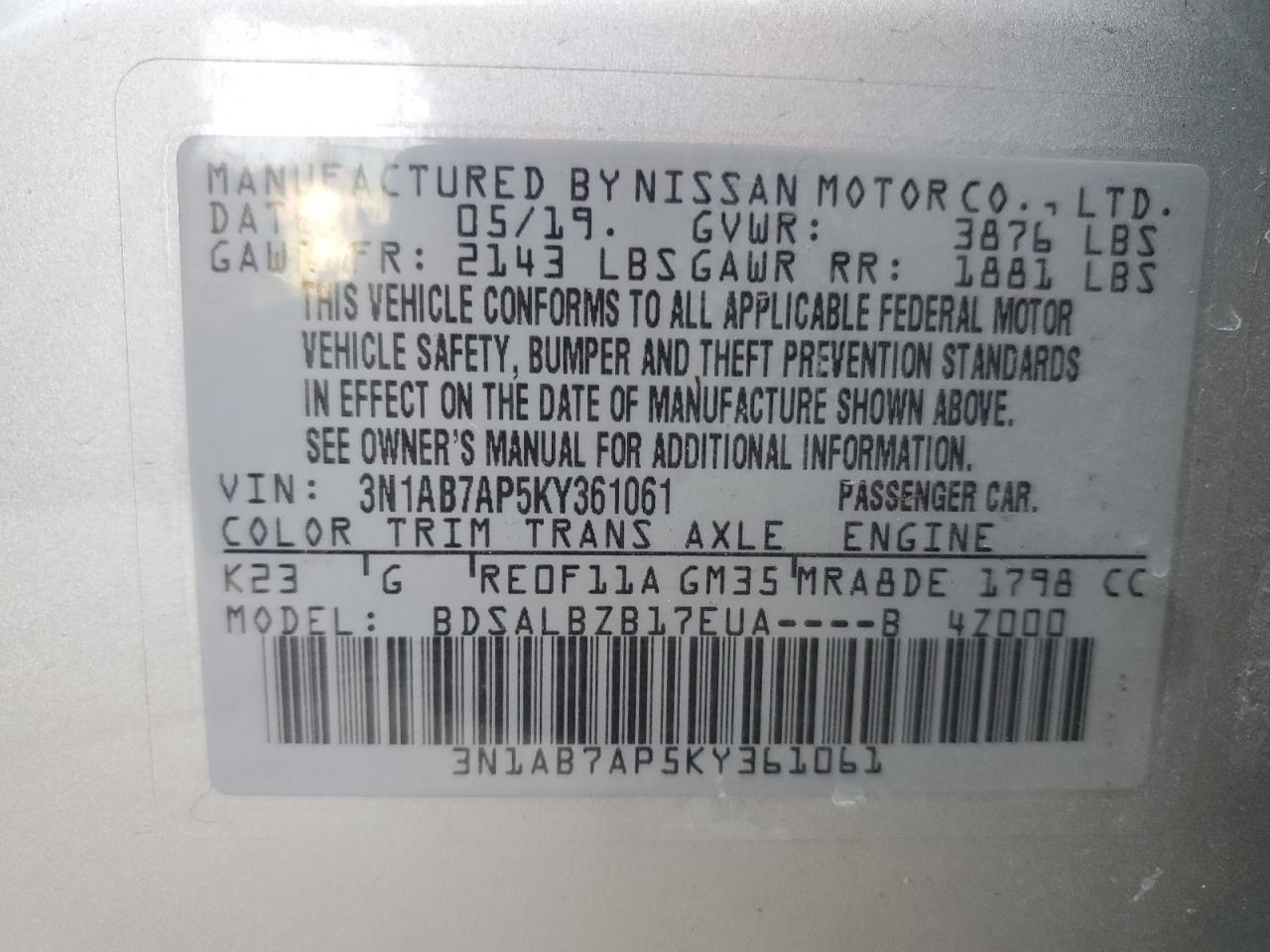 3N1AB7AP5KY361061 2019 Nissan Sentra S