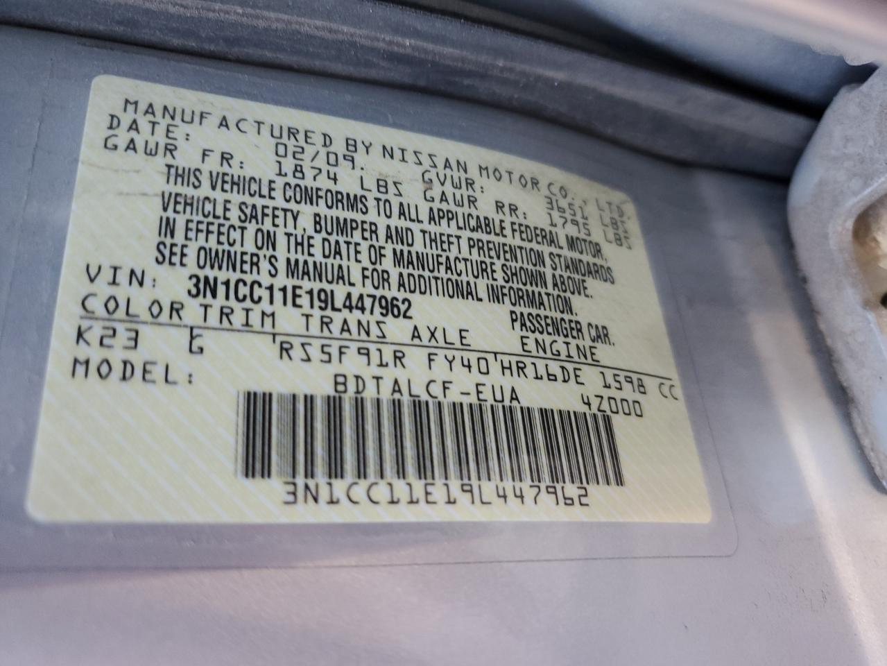 2009 Nissan Versa S VIN: 3N1CC11E19L447962 Lot: 57299664