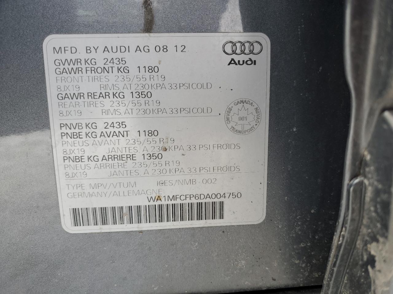 2013 Audi Q5 Premium VIN: WA1MFCFP6DA004750 Lot: 41646924