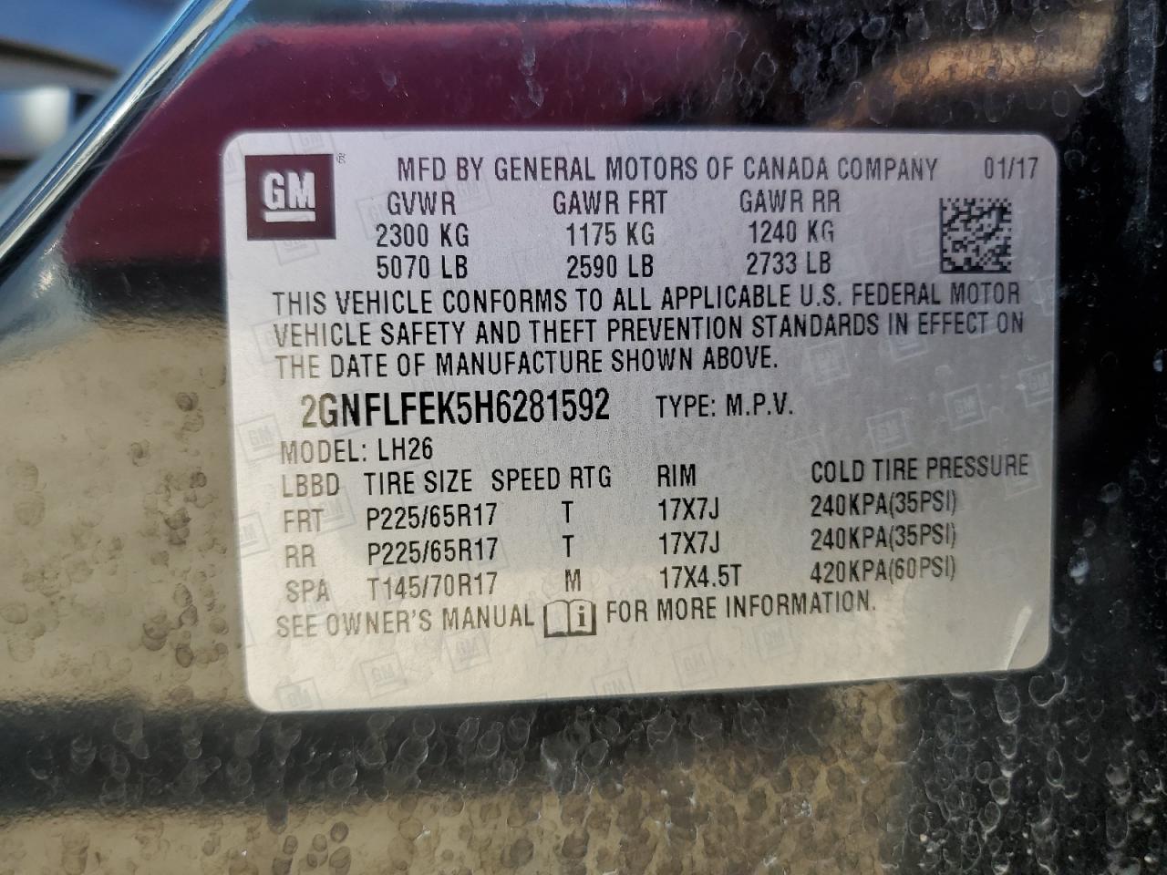 2GNFLFEK5H6281592 2017 Chevrolet Equinox Lt