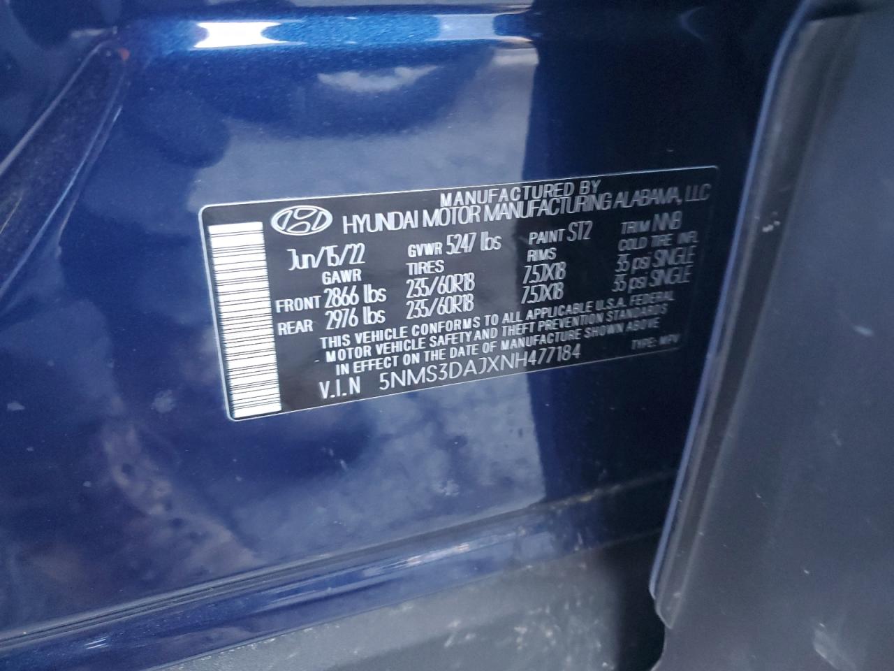 5NMS3DAJXNH477184 2022 Hyundai Santa Fe Sel