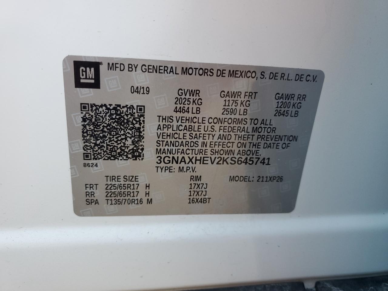 3GNAXHEV2KS645741 2019 Chevrolet Equinox Ls