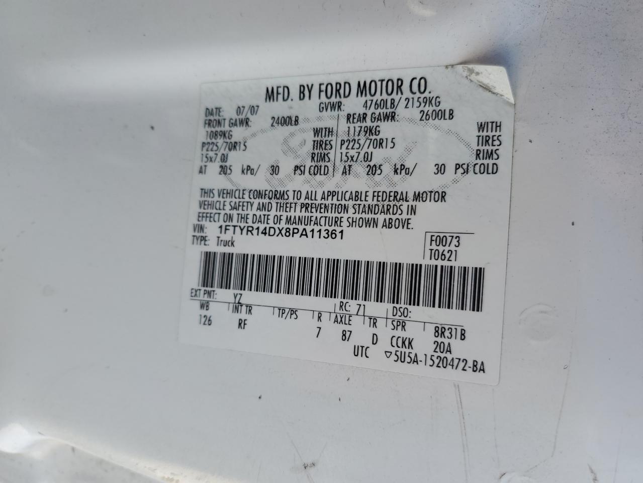 2008 Ford Ranger Super Cab VIN: 1FTYR14DX8PA11361 Lot: 43869764