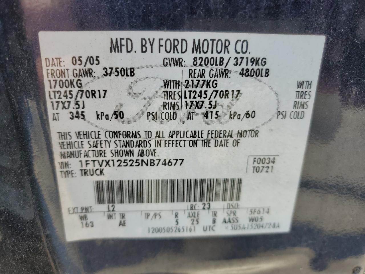 2005 Ford F150 VIN: 1FTVX12525NB74677 Lot: 43186744