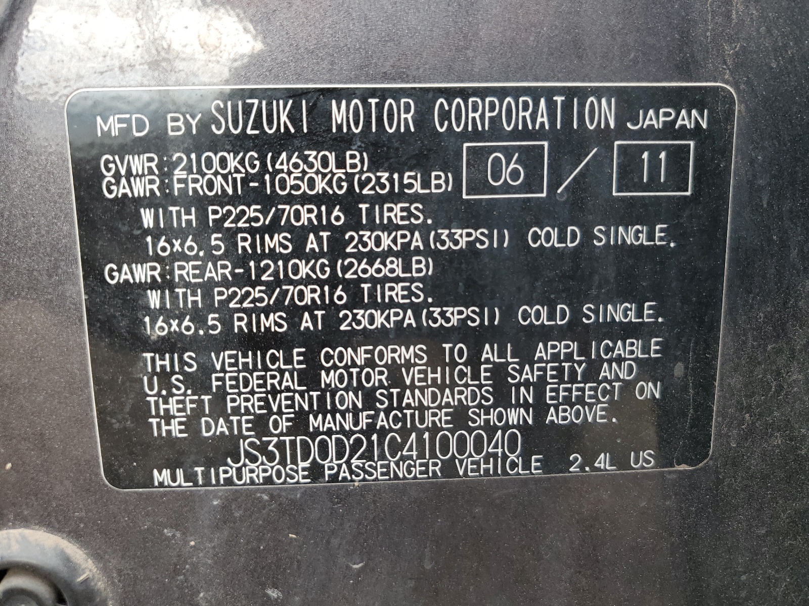 JS3TD0D21C4100040 2012 Suzuki Grand Vitara Premium